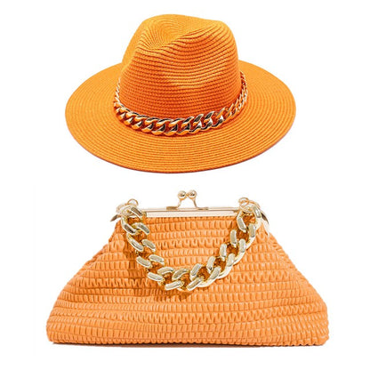 Set Straw Hat and Bag Set Gold Chain Bag Hat Set Ladies Leather Bag Tote Church Fedora Party Jazz Straw Hat