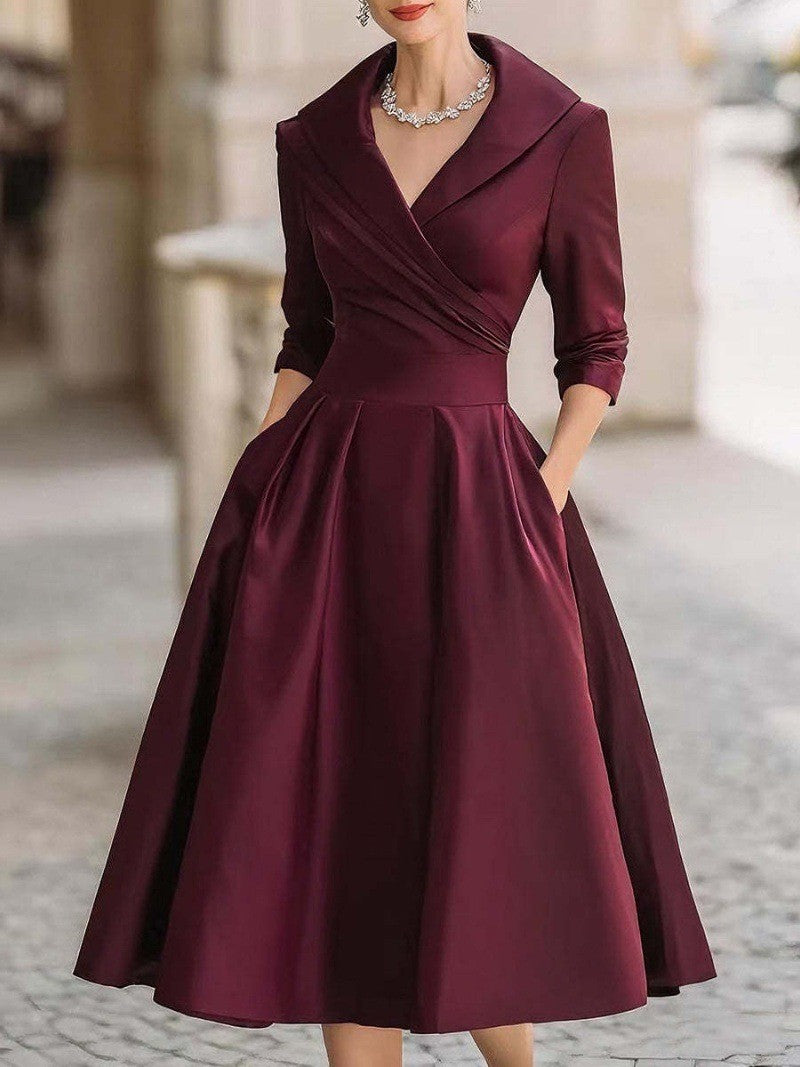 Elegant Wedding Guest Dress Women Turndown Collar Mid-Length Waisted A-Line Satin Evening Dress Cocktail Party Midi Dresses