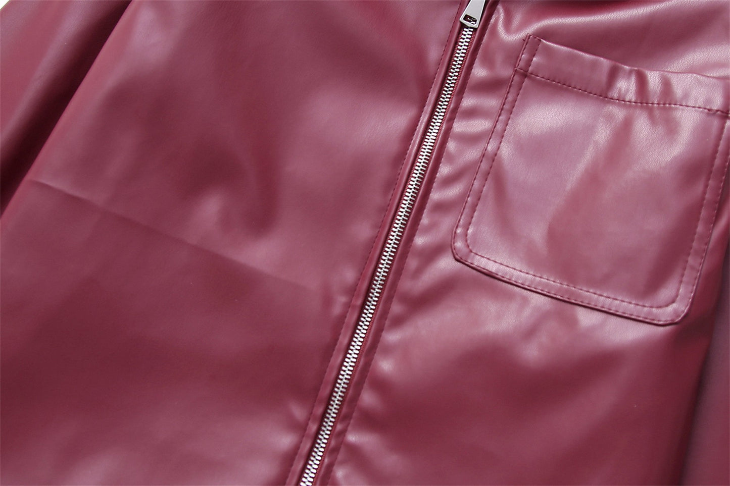 Jaqueta Feminina de Couro Sintético Vermelho Vinho Vintage, Casaco Moderno com Zíper e Lapela, Casacos de Outono Inverno, Blusas Curtas Femininas Estilo Streetwear