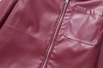 Jaqueta Feminina de Couro Sintético Vermelho Vinho Vintage, Casaco Moderno com Zíper e Lapela, Casacos de Outono Inverno, Blusas Curtas Femininas Estilo Streetwear