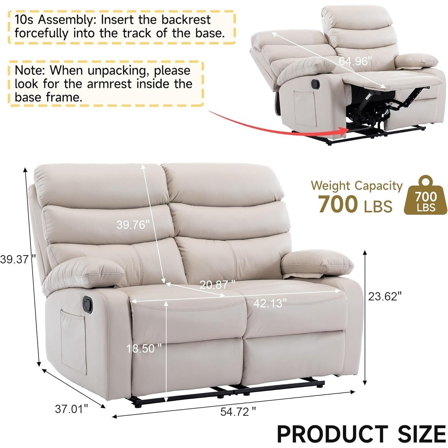 Reclining Loveseat, Leather Double Recliner Sofa with Side Pocket, Wall Hugger Loveseat Recliner for Living Room,