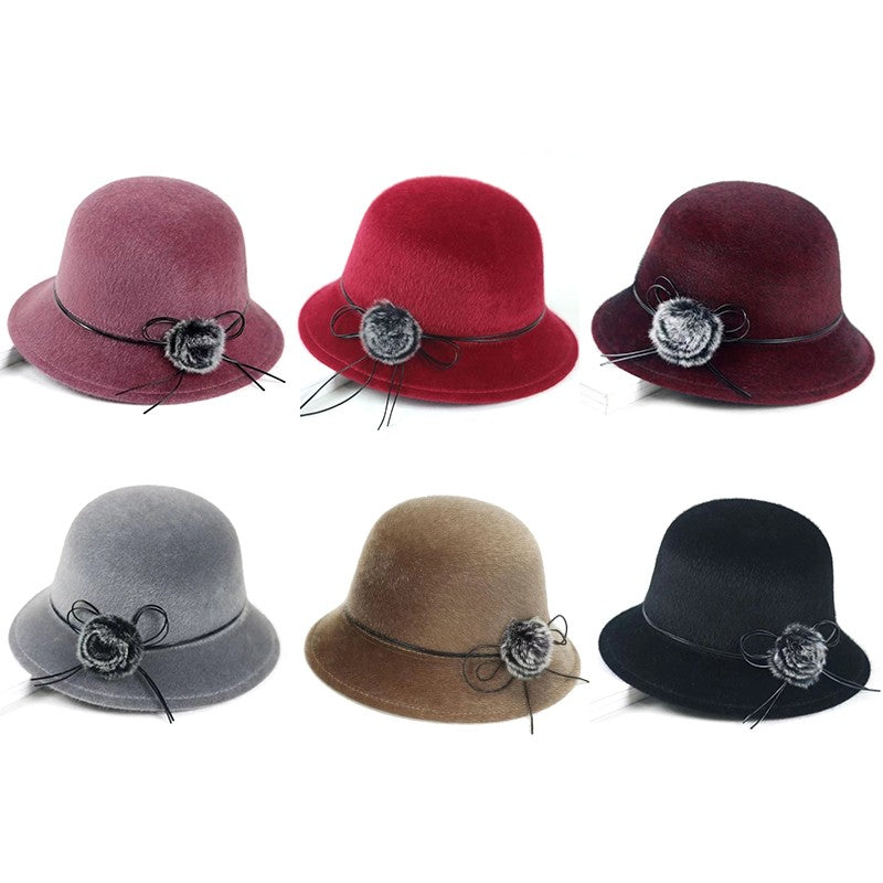 Flat Top Fedoras Hats for Women Solid Color Imitation Woolen Jazz Cap Elegant British Wide Brim Ladies Caps Bowler Hats Fedora