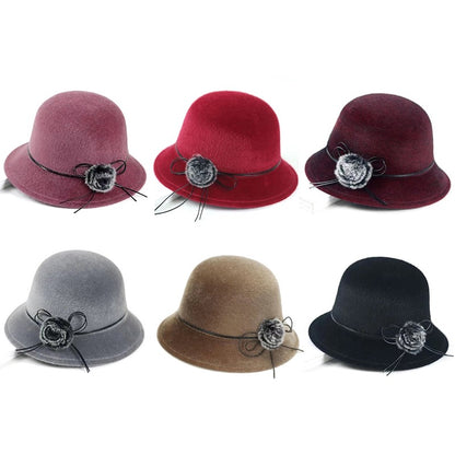 Flat Top Fedoras Hats for Women Solid Color Imitation Woolen Jazz Cap Elegant British Wide Brim Ladies Caps Bowler Hats Fedora