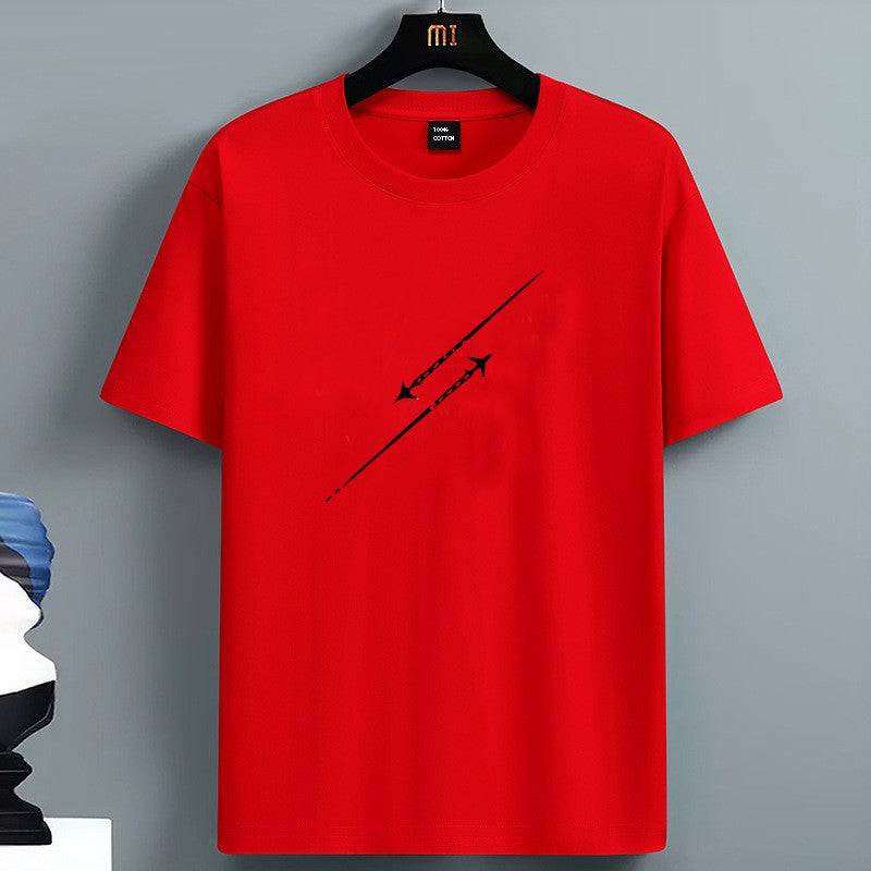Men's Summer 100 Pure Cotton Fashionable Casual Loose Minimalist Airplane Pattern Printed Round Neck Short Sleeved T-shirt Top