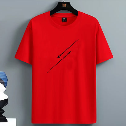 Men's Summer 100 Pure Cotton Fashionable Casual Loose Minimalist Airplane Pattern Printed Round Neck Short Sleeved T-shirt Top