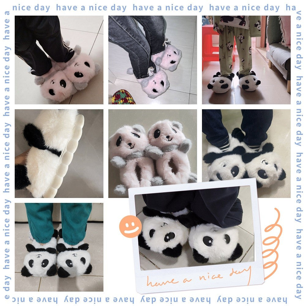 Cute panda children's slippers girls indoor slip on shoes, 2025 cartoon animal fur slippers house children flip flops