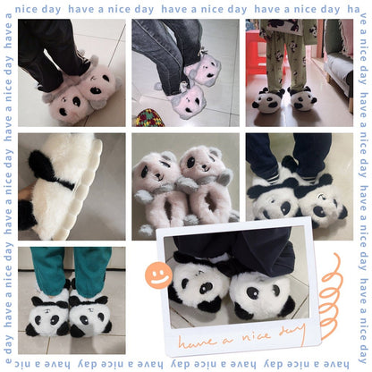 Cute panda children's slippers girls indoor slip on shoes, 2025 cartoon animal fur slippers house children flip flops