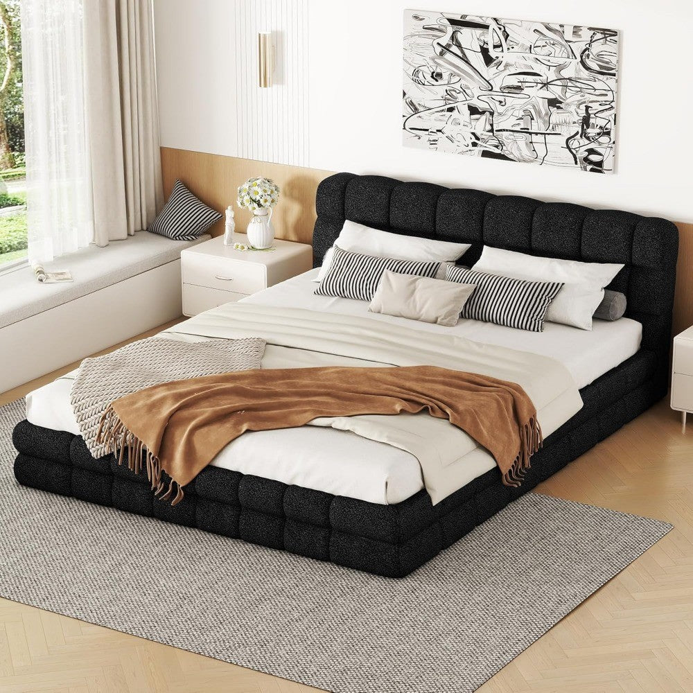 Grounded Bed Upholstered Platform Bed with Unique Design Thick Fabric Headboard, Wood Platform Bed Frame for Kids Adults Bedroom