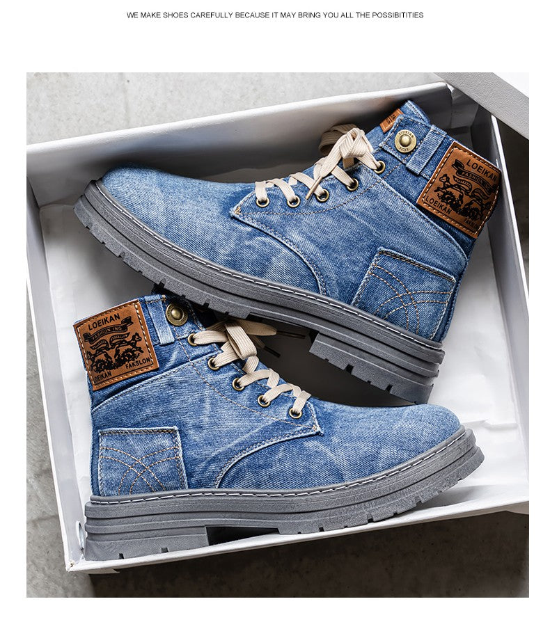 Retro blue men's denim boots, lace-up thick-soled boots, men's ankle boots, casual men's work shoes, Botas Hombre, size 48