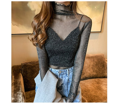 Spring Summer Women's Sexy See Through Mesh Blouse Long Sleeve Transparent Shining Elegant Shirt Fashion Women Tops 2025