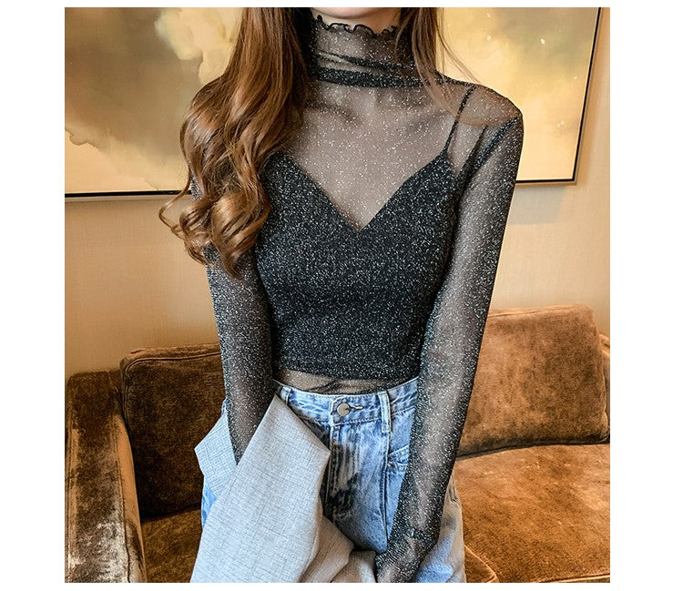 Spring Summer Women's Sexy See Through Mesh Blouse Long Sleeve Transparent Shining Elegant Shirt Fashion Women Tops 2025