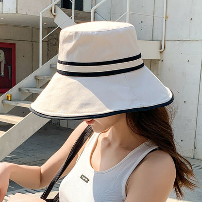 Women Summer Wide Brim Striped Bucket Hat Soft Cotton Fordable Panama Cap For Lady Outdoor Solid Color JK Beach Tour Basin Hat
