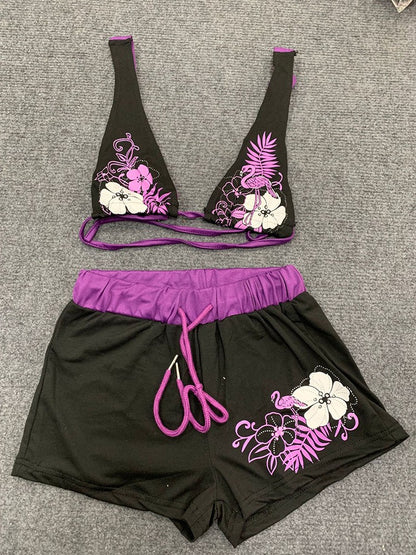 Summer Beach Ins Fashion Hot Sexy Ladies Split Two Piece Bikini Beautiful Vintage Contrast Flower Print Suspender Bra Shorts Set