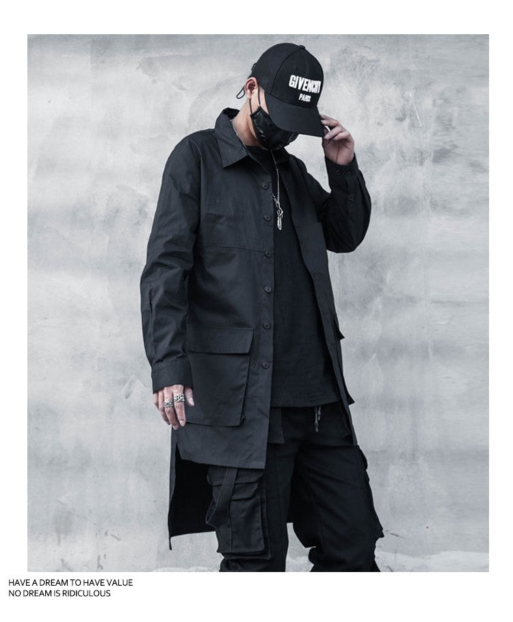 2023 Back Print Punk Hip Hop Techwear Long Sleeve Shirts For Men Harajuku Street Casual Cargo Shirt Long Jacket