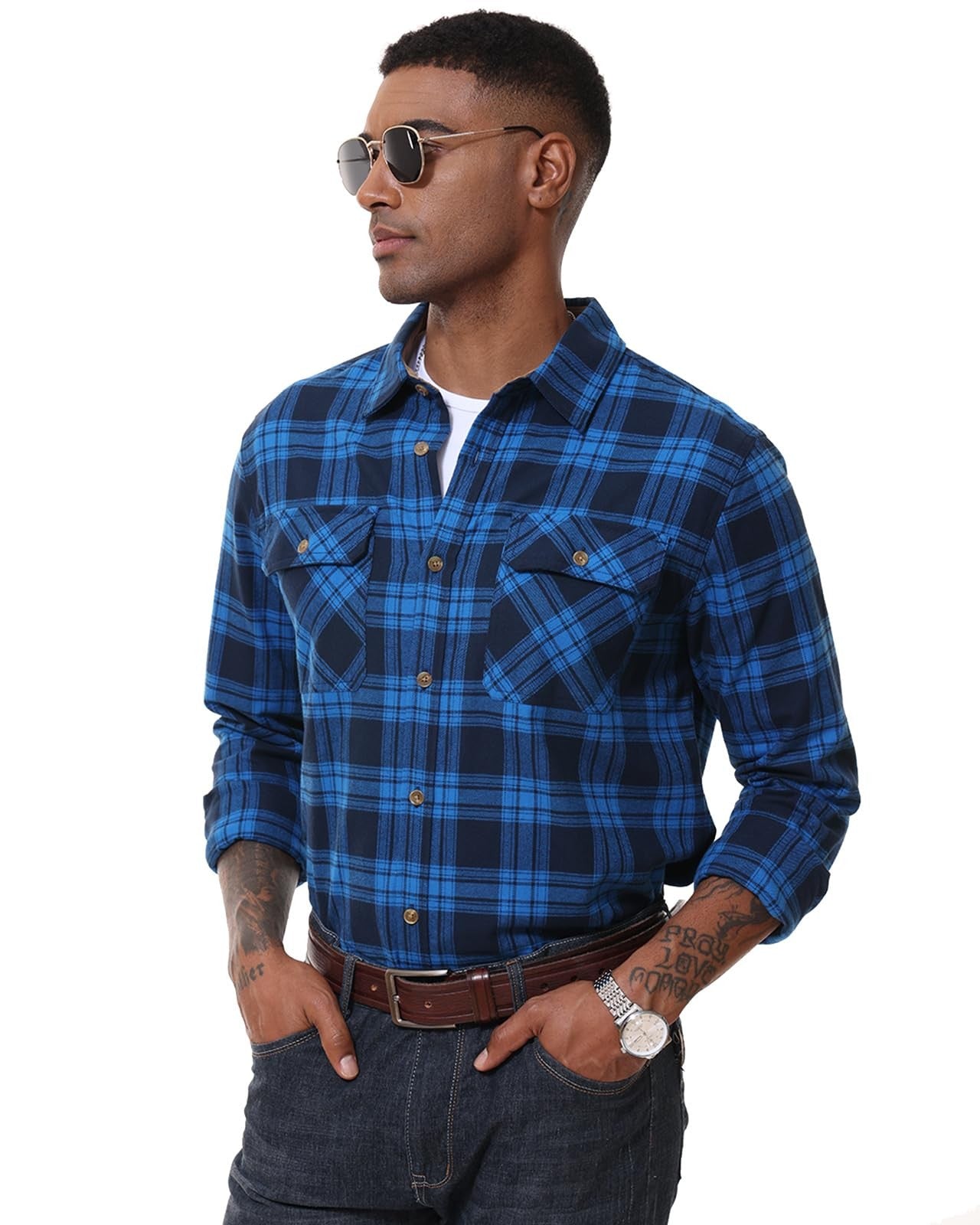 MAGCOMSEN Flannel Shirts Men's Long Sleeves Cotton Long Sleeve Plaid Shirt with 2 Pockets Button Down Casual Corduroy Shirt Male