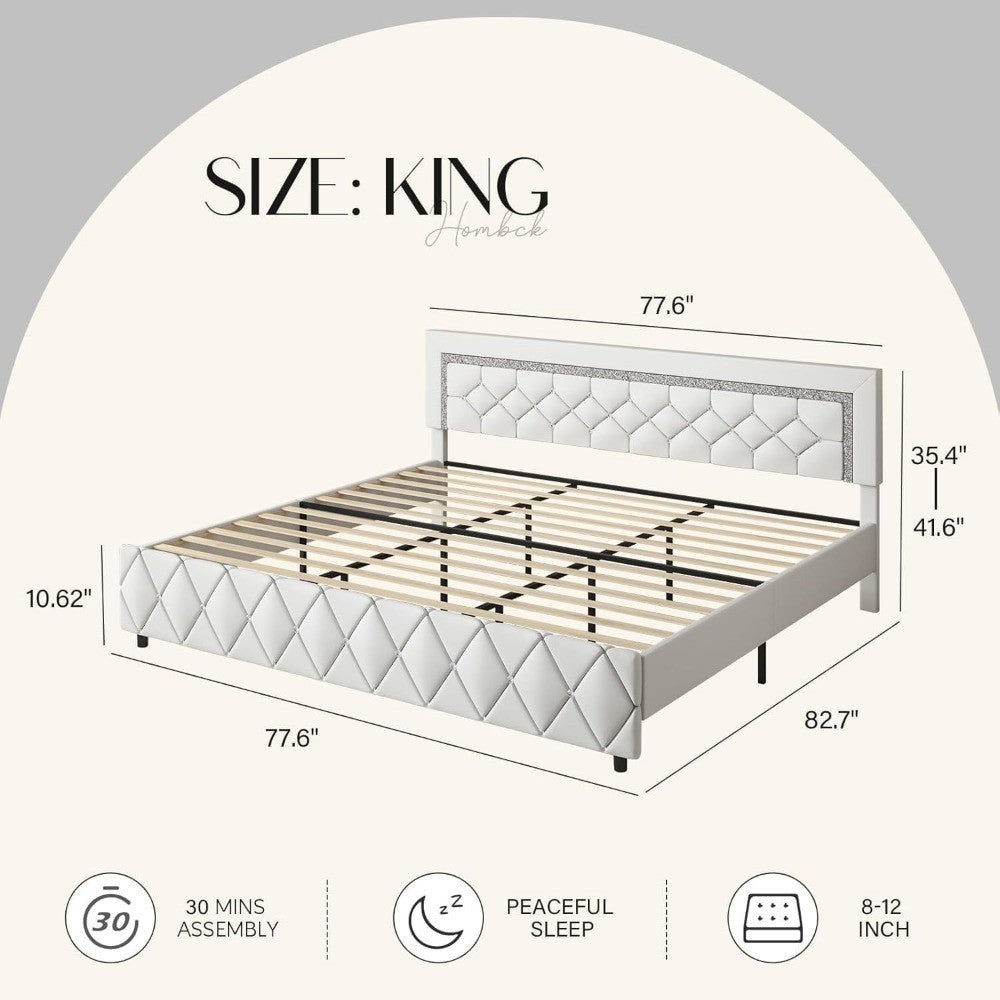 Cama King Size com Estrutura e Cabeceira Diamante, Plataforma Estofada em Couro Sintético, Base para Colchão, Não Requer Box Spring,