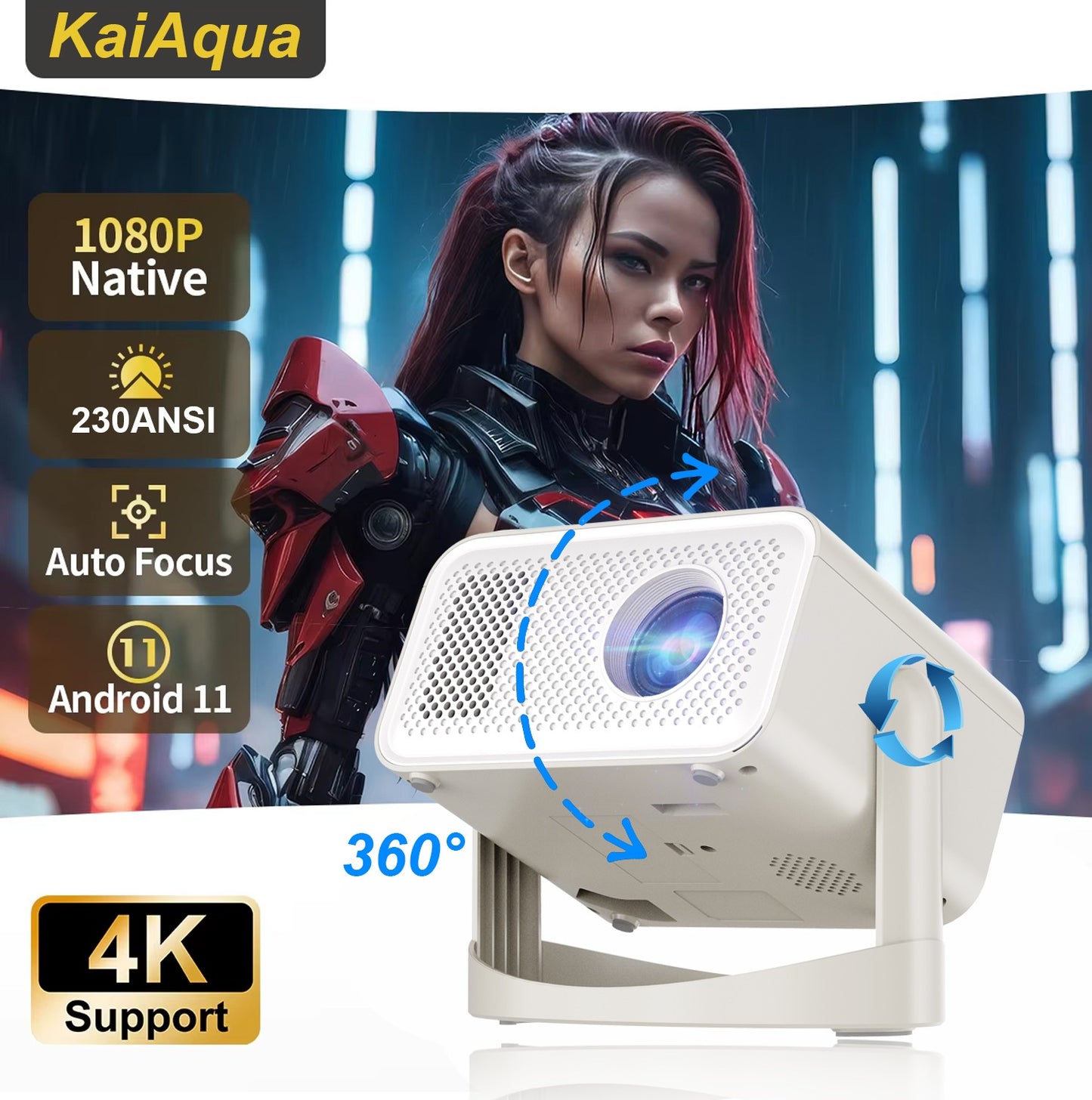 Projetor KaiAqua HT23 PLUS 4K Android 11 Dual Wifi6 260ANSI Allwinner H713 BT5.0 1080P 1280*720P Projetor Doméstico/Externo