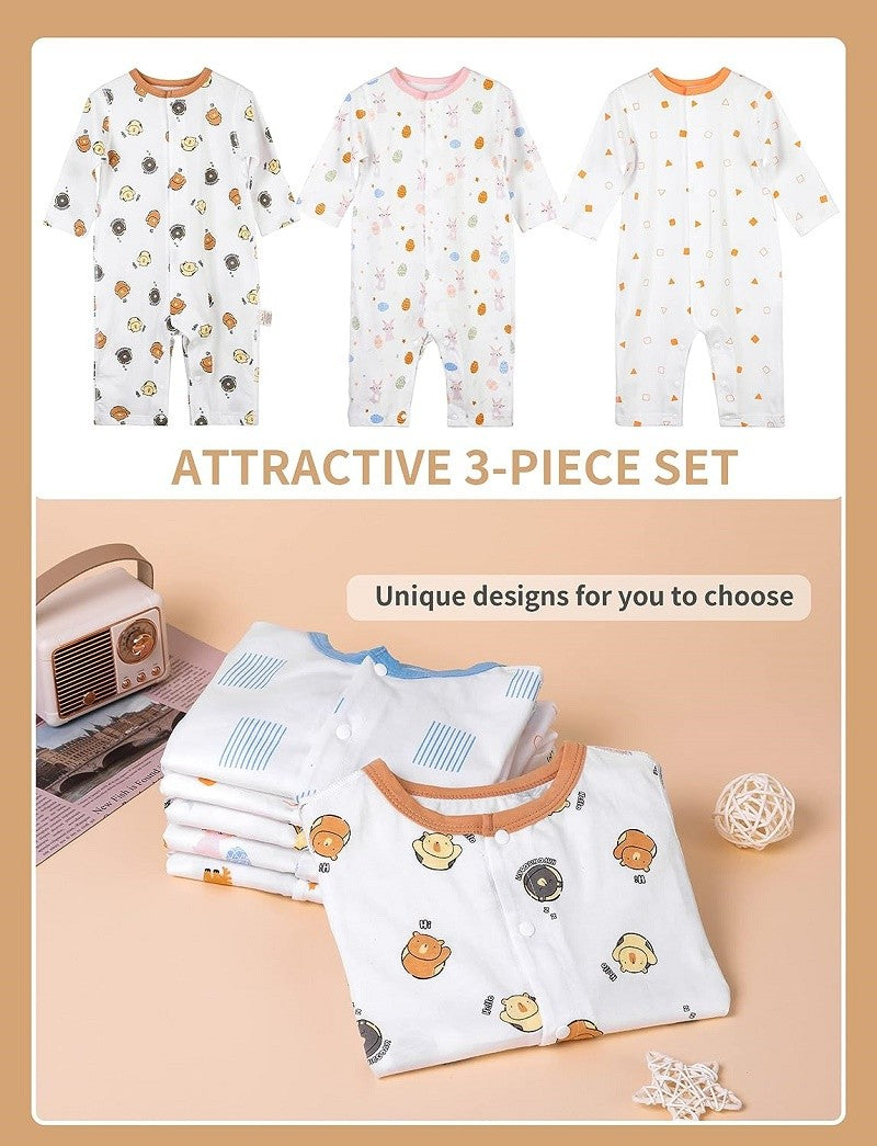 MICHLEY 3pcs Baby Short-Sleeve Rompers Long-Sleeve Jumpsuit Bodysuit Soft White Cartoon Infant Clothes Overalls  For Boys Girls