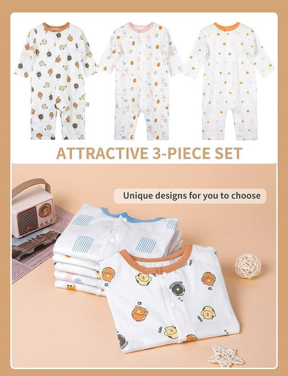 MICHLEY 3pcs Baby Short-Sleeve Rompers Long-Sleeve Jumpsuit Bodysuit Soft White Cartoon Infant Clothes Overalls  For Boys Girls