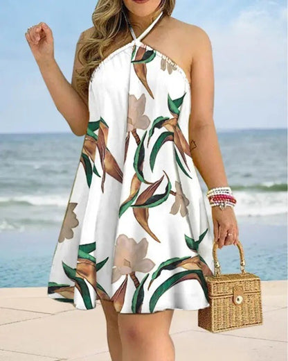 Floral Print Halter Neck Dress Boho Backless Halter Dress For Spring  Summer Women's Clothing