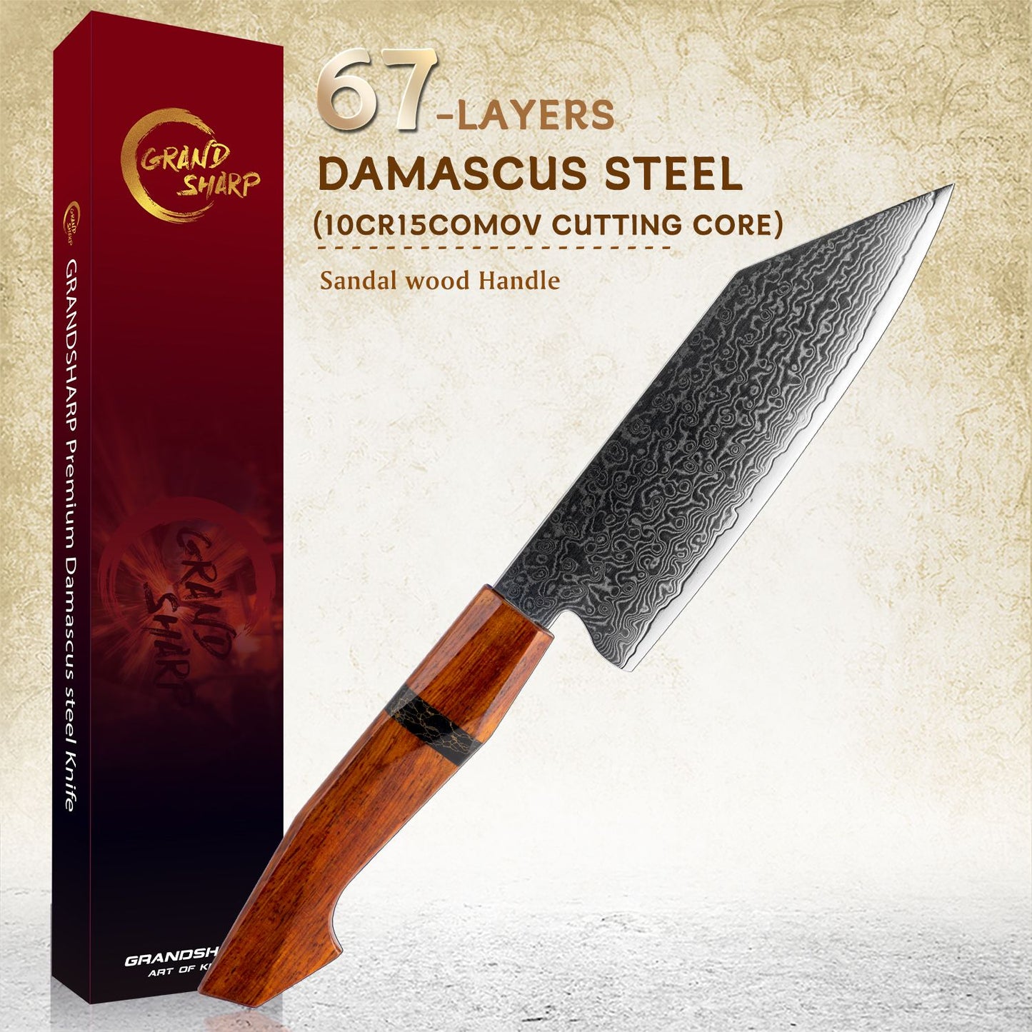 Faca Bunka Grandsharp 5.5'' Damasco 67 Camadas Aço 10Cr15C0Mov Para Cortar Vegetais Frutas Facas de Cozinha com Cabo de Sândalo