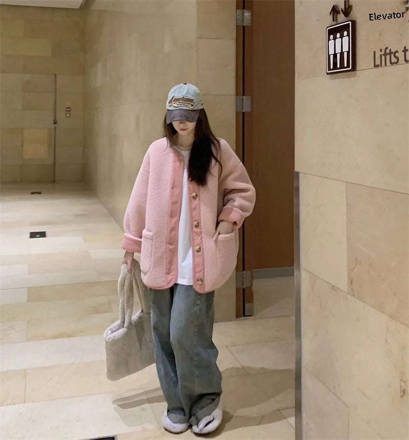 2024 Winter New Women's Lamb Wool Jacket Petite Loose-Fit Thickened Integrated Deer Skin Fleece Medium-Length Korean Style