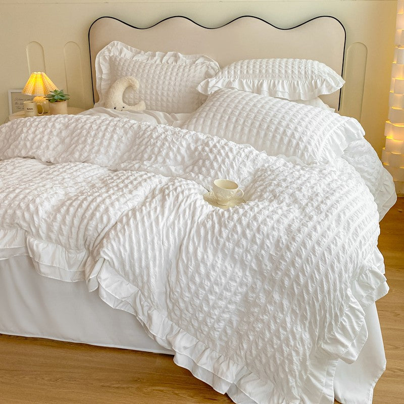 Conjunto de cama de renda coreana 3 peças de seersucker (1*Capa de Edredom + 2*Fronhas, Sem Enchimento) para quarto de hóspedes