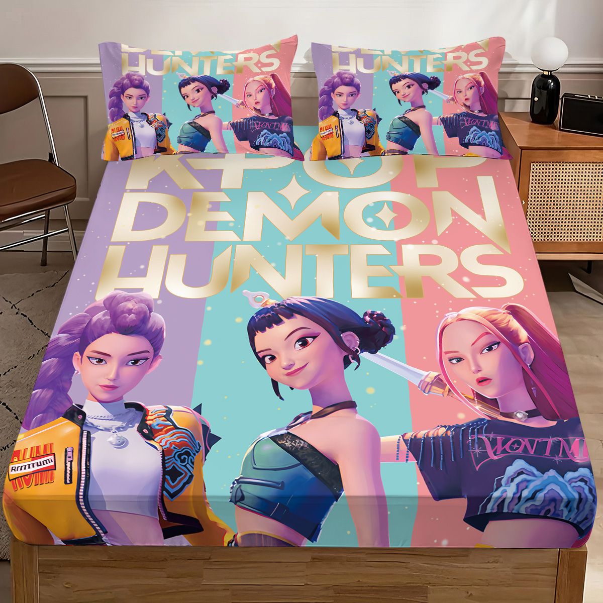 3pcs K-Pop Demon Hunters Printed coreless Bed Sheet Set Multi Size Soft Bed Cover Bedroom Bedding Machine Washable