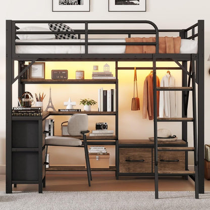 Cama Loft com Escrivaninha e Escadas, 4 Prateleiras e Gavetas de Armazenamento, Guarda-roupa, Camas Loft de Metal Completa com Luzes de LED e Ch