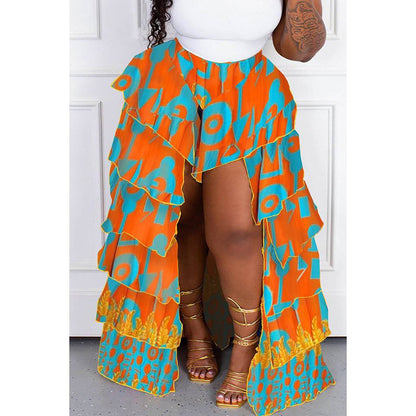 Plus size women's bohemian style full print ruffle irregular hem layered summer beach skirt