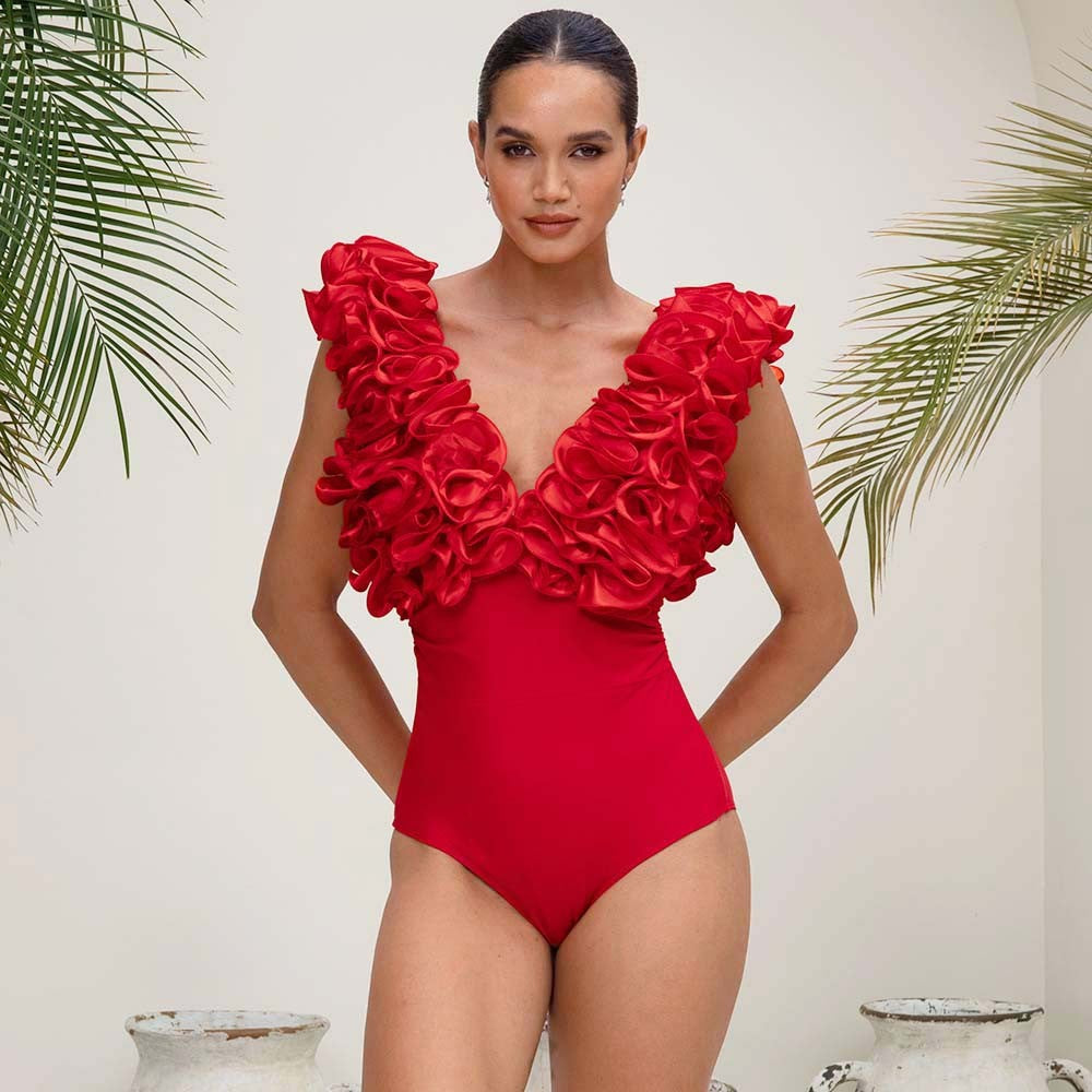 2024 Sexy Red 3D Ruffle Flower One Piece and Skirt set Swimwear beachwear Party Dress  Clearance Wholesale
