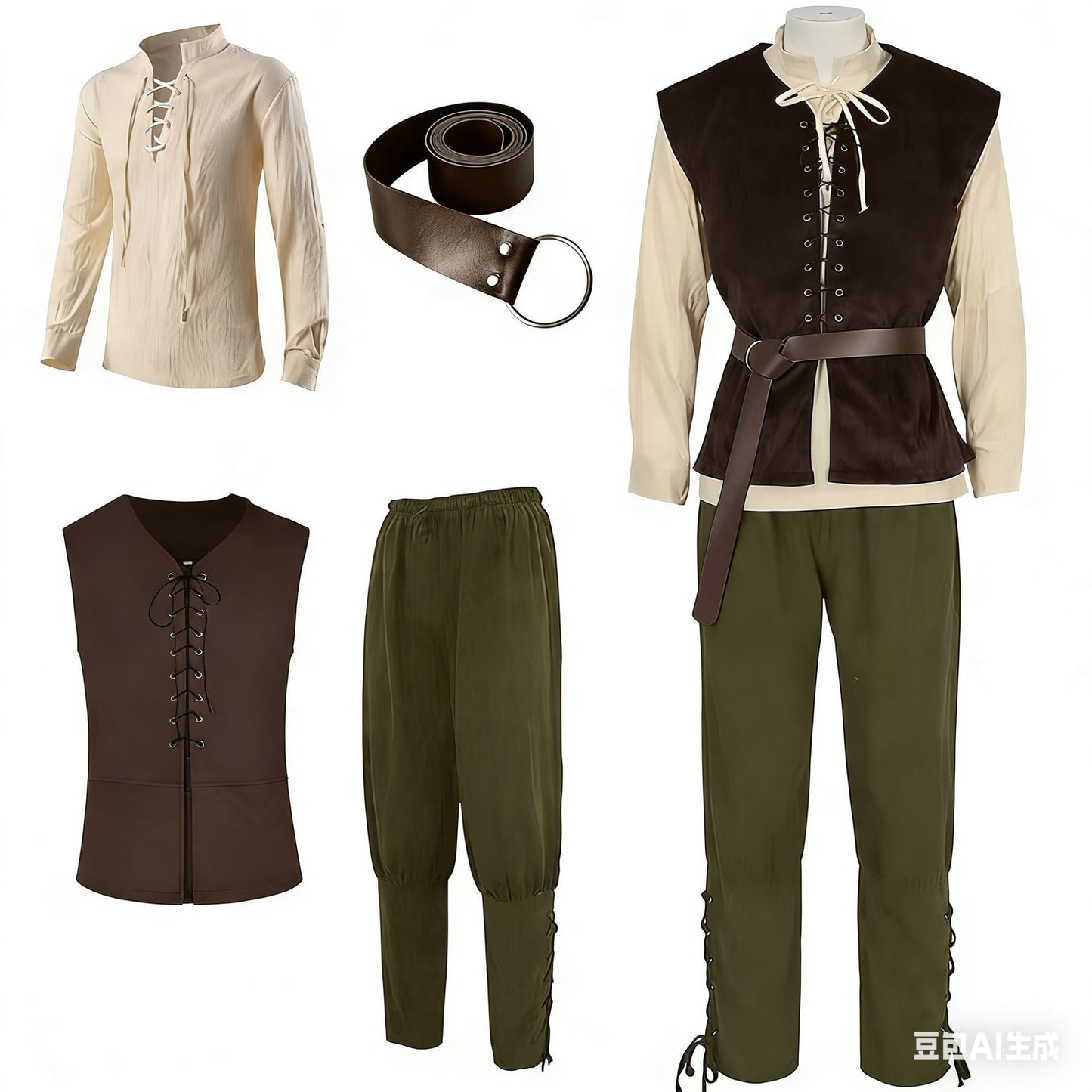 4 Pcs Men's Halloween Renaissance Costume Set Medieval Vest Shirt Ankle Banded Pants Viking Belt Armband Pouch