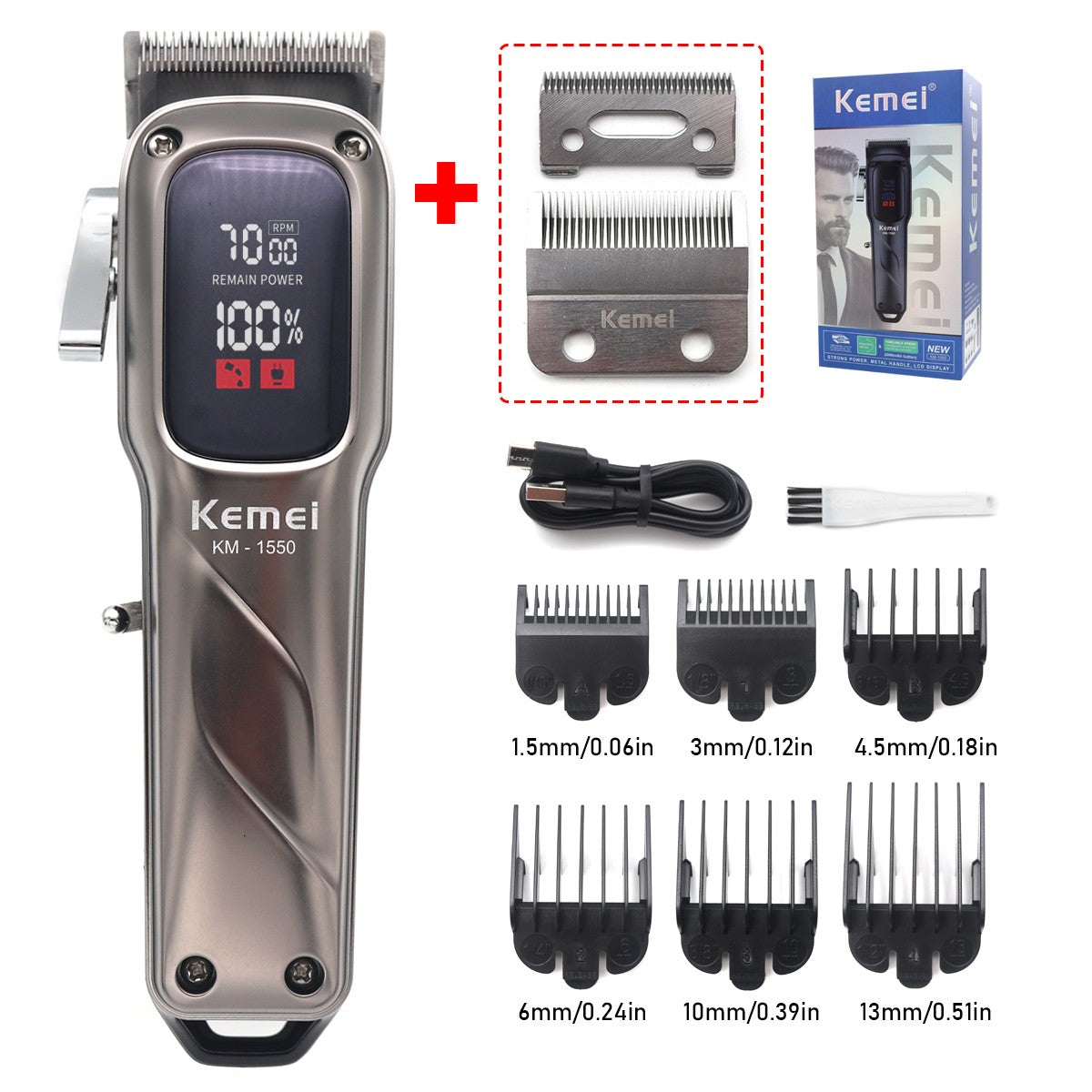 Kemei KM-1550 Professional Hair Clipper for Men LED Display Low Noise Cordless USB Interface Hair Cutting Machine Hair Trimmer