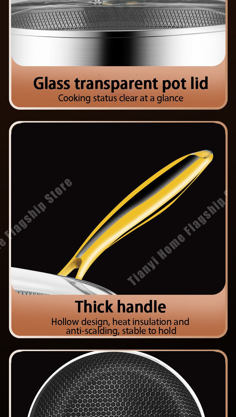 Panela Wok de Aço Inoxidável 316 Antiaderente Favo de Mel para Cozinhar Bife Fogão a Gás Panela de Indução Geral Utensílio de Cozinha