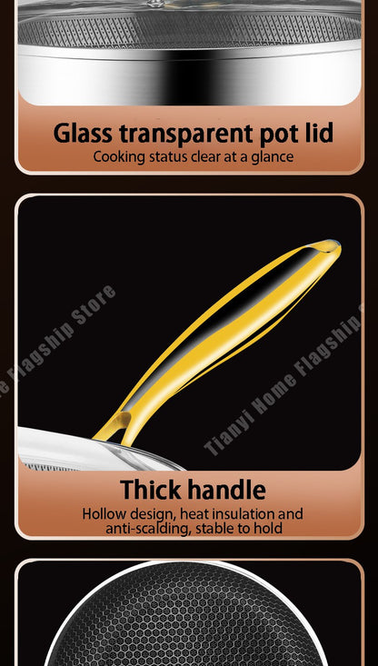 Panela Wok de Aço Inoxidável 316 Antiaderente Favo de Mel para Cozinhar Bife Fogão a Gás Panela de Indução Geral Utensílio de Cozinha