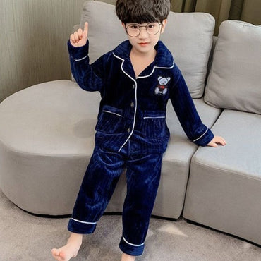 Boys Autumn Winter Thickened Flannel Coral Fleece Pajama Set Warm Kids Sleepwear Homewear