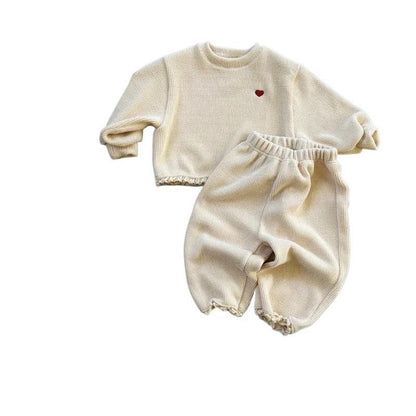 2025 Winter New Girls Warm Activewear Set Children Casual Sportswear Baby Girl Heart Sweatshirt + Pants 2pcs Suit Fleece Outfits