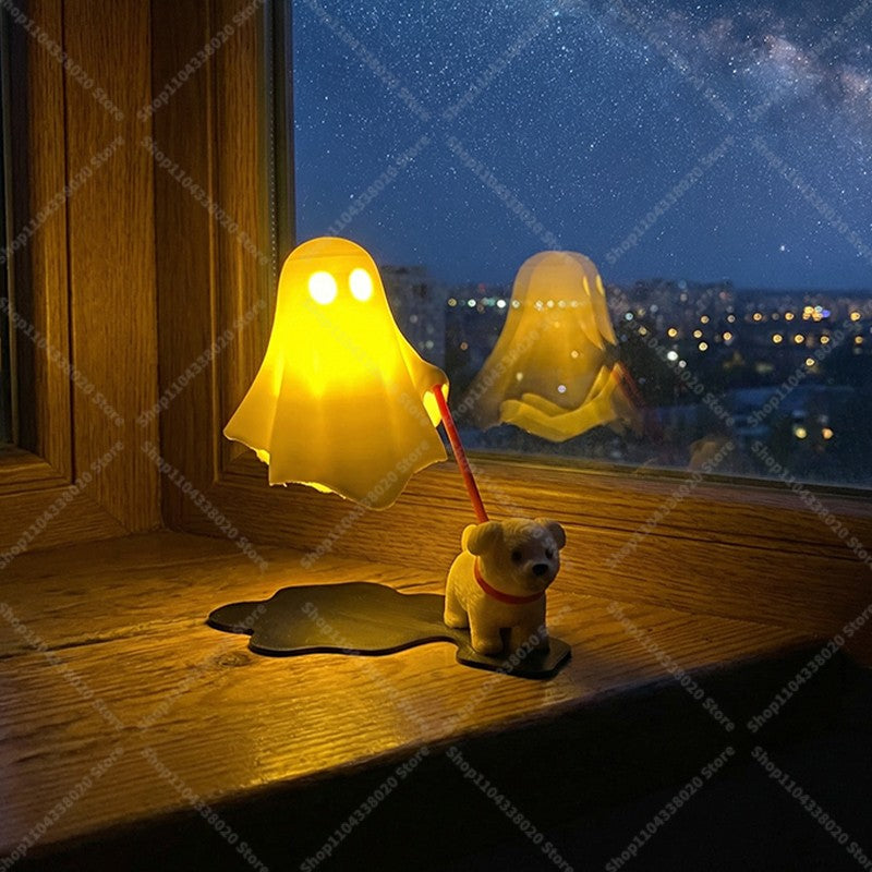 Cute Ghost LED Night Light with Dog Figure - Spooky Desk Lamp, Halloween Decor, Warm Light for Bedroom