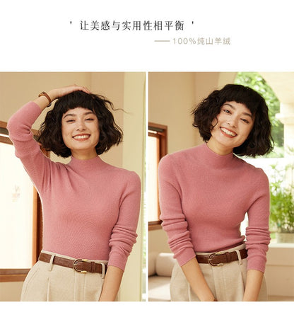 Autumn and winter new women's 100% pure cashmere semi high neck pullover sweater knitted slim fit hot selling women's top