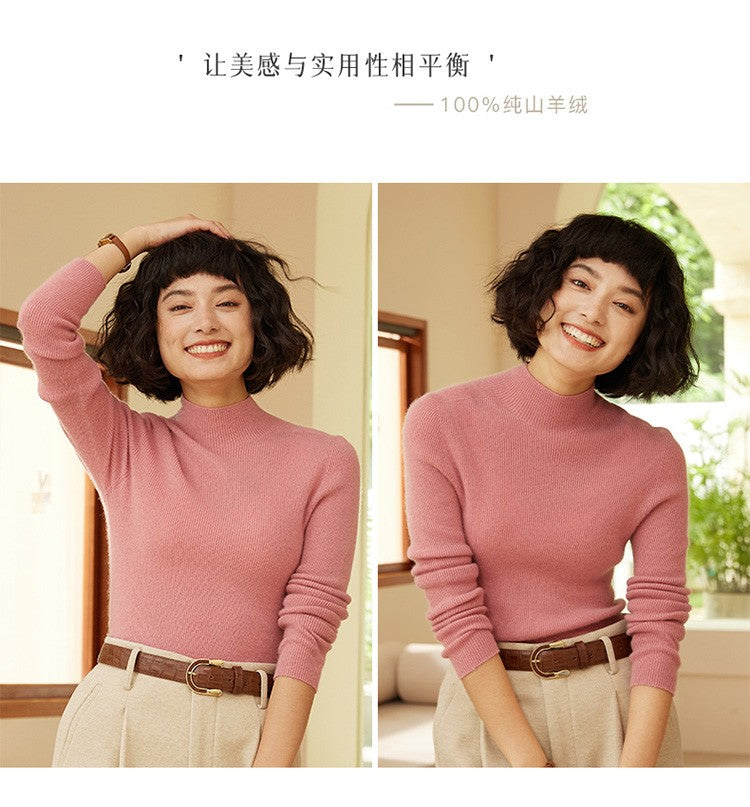 Autumn and winter new women's 100% pure cashmere semi high neck pullover sweater knitted slim fit hot selling women's top