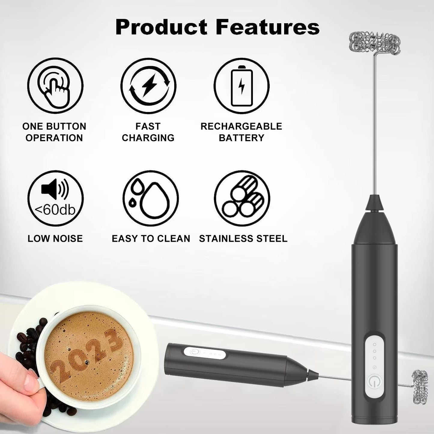 Espumador de leite elétrico recarregável portátil para bebidas, máquina de café, batedor de ovos de 3 velocidades, mixer multifuncional para cozinha doméstica