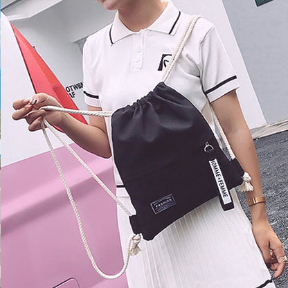 Canvas School Bag Double Shoulder Drawstring Backpack Drawstring Pocket Portable Casual Backpack Women Men Travel Backpack-A-DH