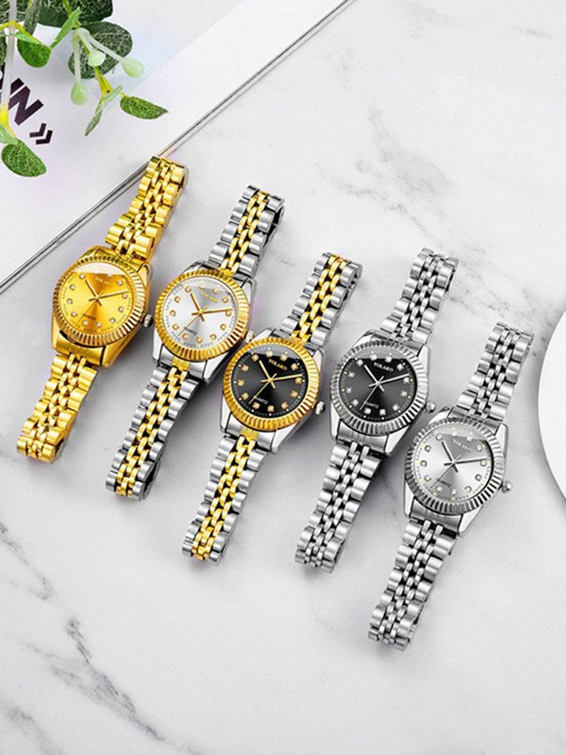 Watches for Women Simple Casual Student Fashion Quartz Diamond-Encrusted Steel Band Calendar Gold Set Men's Watch Couple