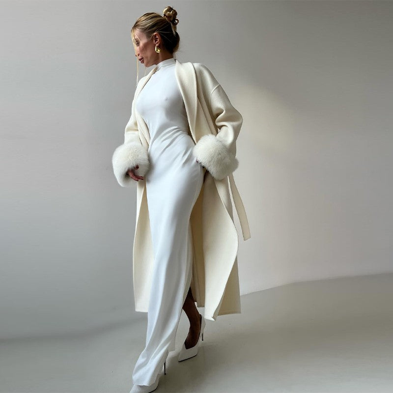 Elegant Faux Fur Cuffs Woolen Coat With Belt For Women Fashion Lapel Long Sleeve Lace Up Maxi Jacket Lady 2025 Autumn Outerwear