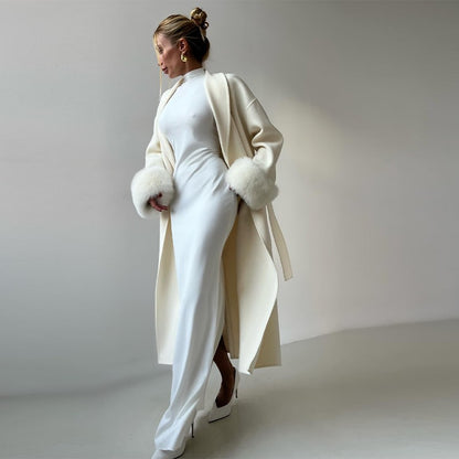 Elegant Faux Fur Cuffs Woolen Coat With Belt For Women Fashion Lapel Long Sleeve Lace Up Maxi Jacket Lady 2025 Autumn Outerwear