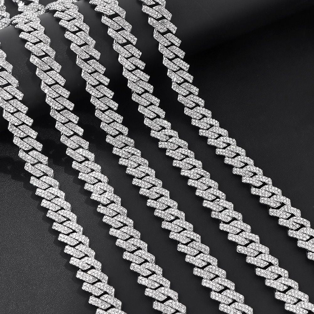 HipHop Men Women 14MM Prong Cuban Link Chain Necklace Bling Iced Out 2 Row Rhinestone Paved Miami Rhombus Cuban Necklace Jewelry