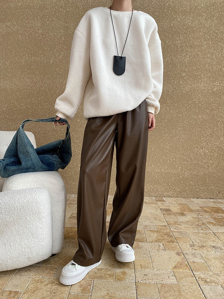 High Elastic Waist Coffee Pu Leather Long Wide Leg Pants New Trousers Women Fashion Tide Spring Autumn