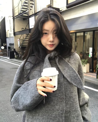 Korean Sle Woolen Coat Women's Chic Temperament Sweet Bow Tie Collar Hooded Warm Woolen Coat Long Sve Mid-Length