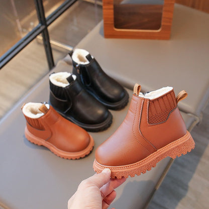 21-30 Kids Ankle Boots for Little Boys Girls Thermal Snow Boots Fashion PU Leather Children Short Rubber Boots with Thick Plush
