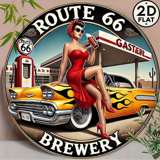 Vintage 8x8 Round Metal Wall Tin Sign - Classic American Style Route 66 Beer Art Decor with Retro Car, Gas Station & Pin-Up G